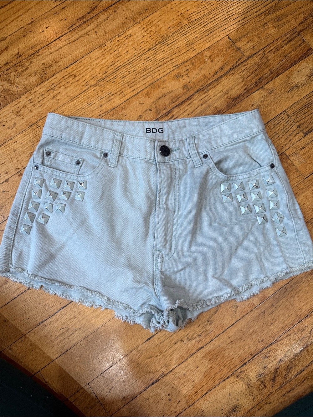 BDG Light Blue High-Rise Denim Shorts with Silver Pyramid Studs